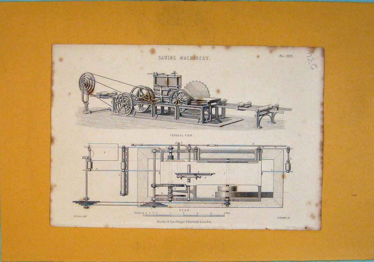 Original Old Antique Print Sawing Machinery Design Section View
