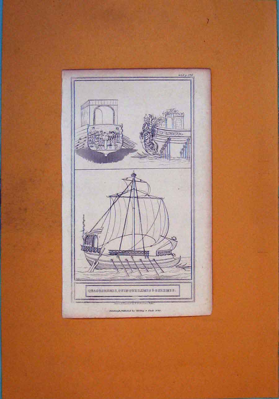 Original Old Antique Print Ship Boat Design Building Architecture