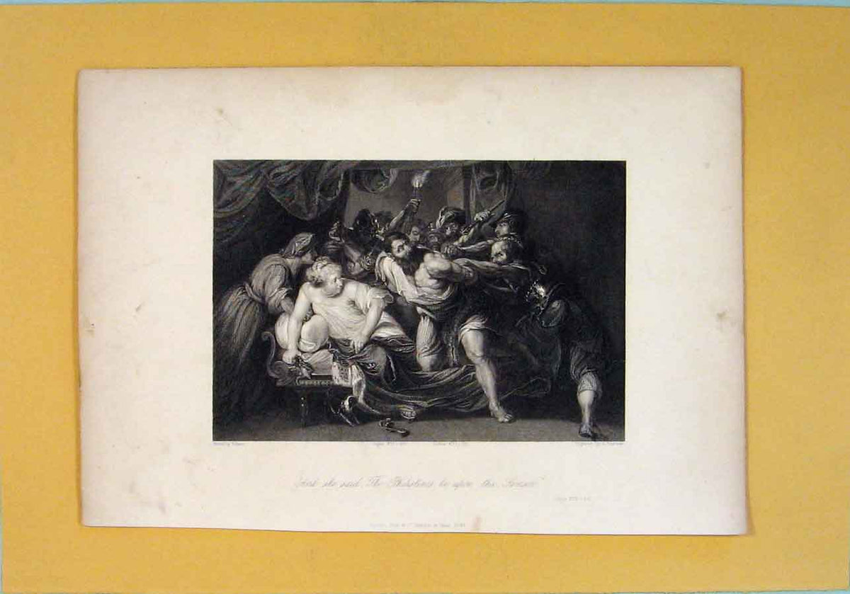Original Old Antique Print Judges Samson Religious Biblical Art