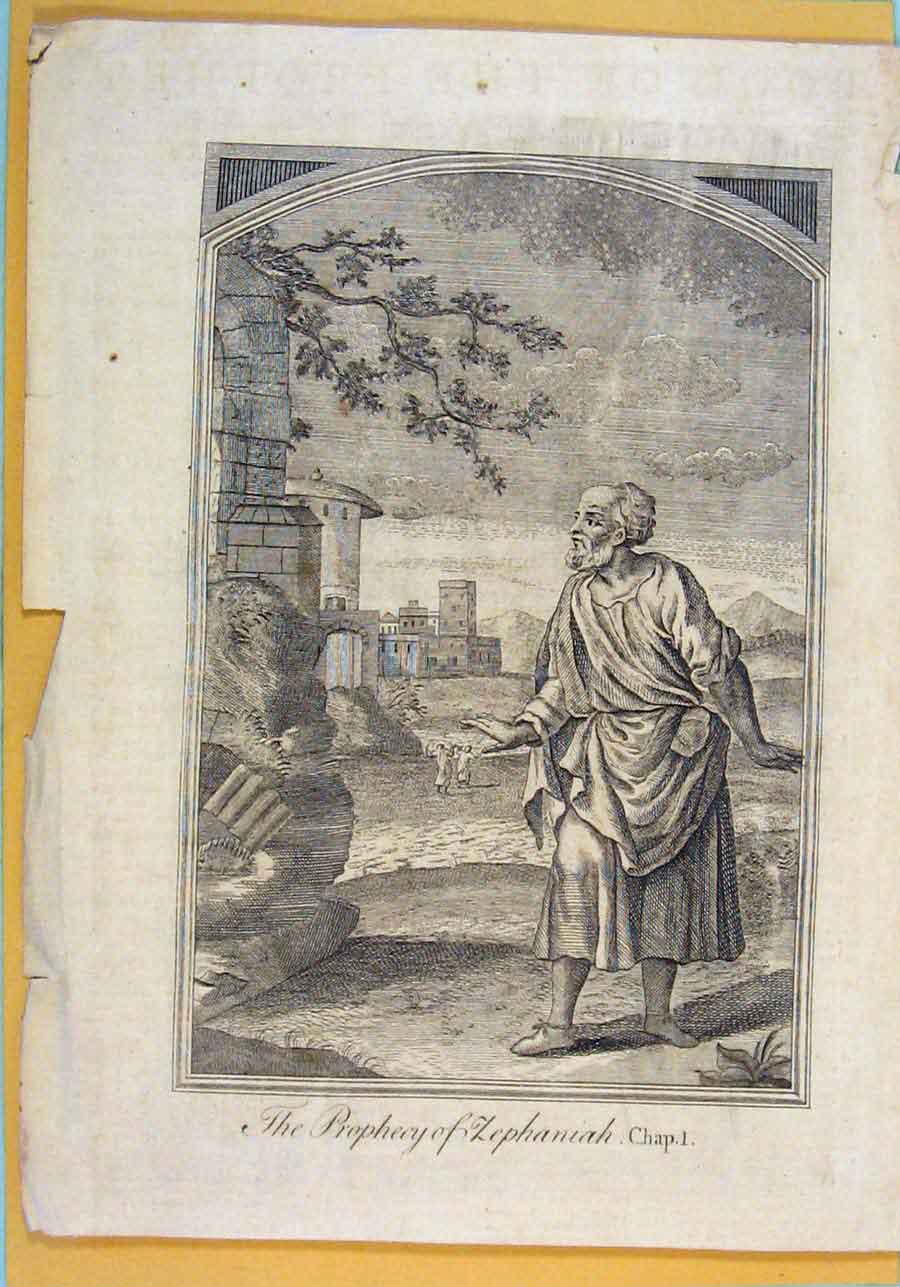 Original Old Antique Print Prophecy Zephaniah Biblical Religious 1750