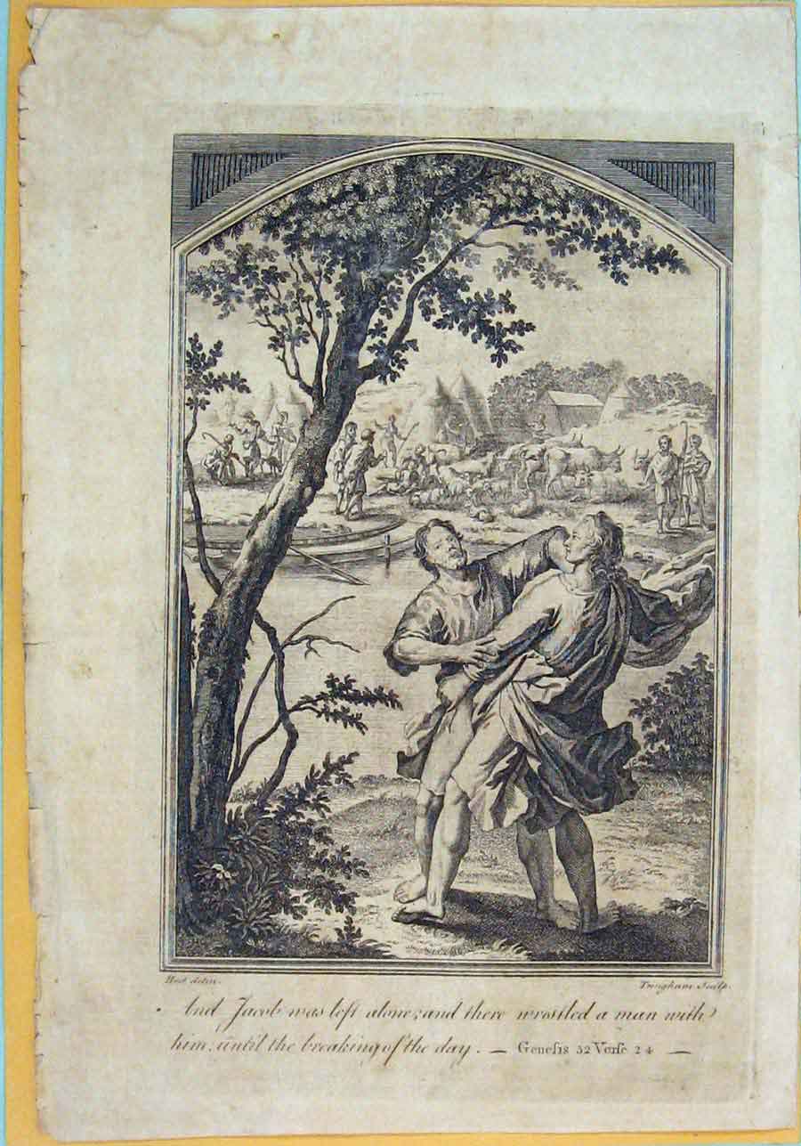 Original Old Antique Print Jacob Genesis Religious Biblical Art 1750