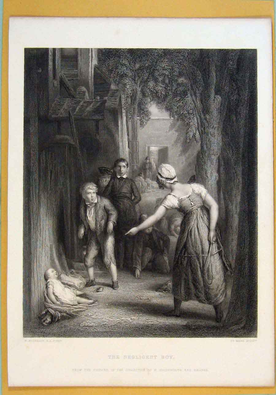 Original Old Antique Print Negligent Boy Fine Art Mother C1860 19th