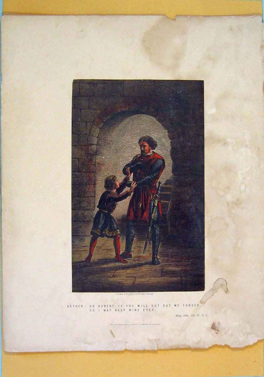 Original Old Antique Print King John Play Scene Act Color Arthur