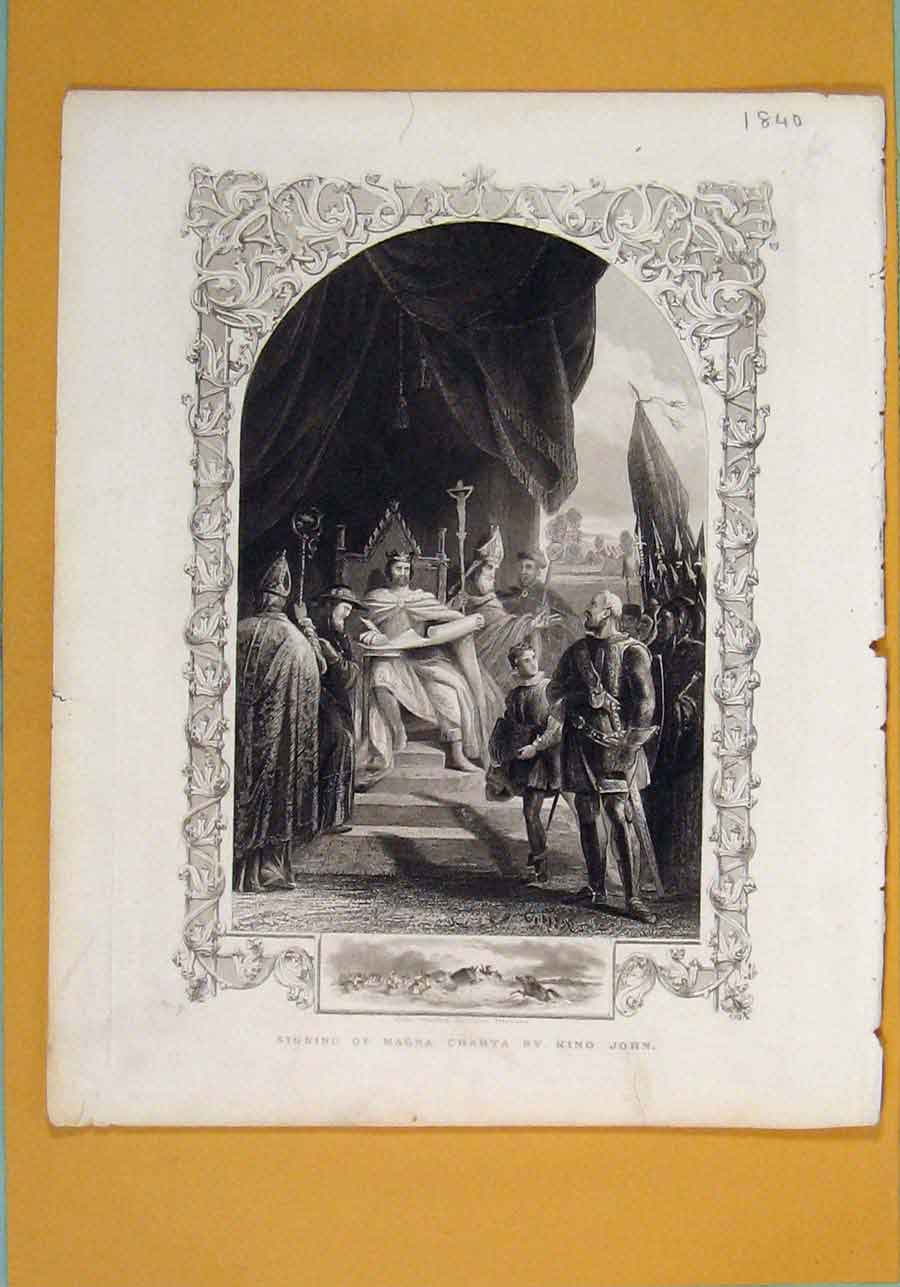 Original Old Antique Print Magna Charta King John Fine Art C1840 19th