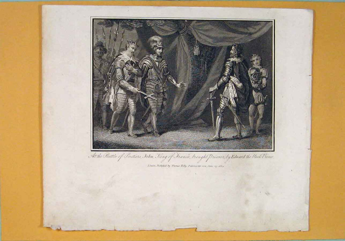Old Antique Print Battle Poictiers John King France Prisoner Edward Black