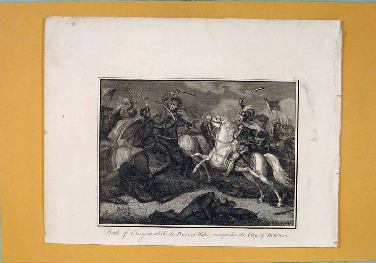 Old Antique Print Balttle Cressy Prince Wales King Bohemia Vanquishes Art