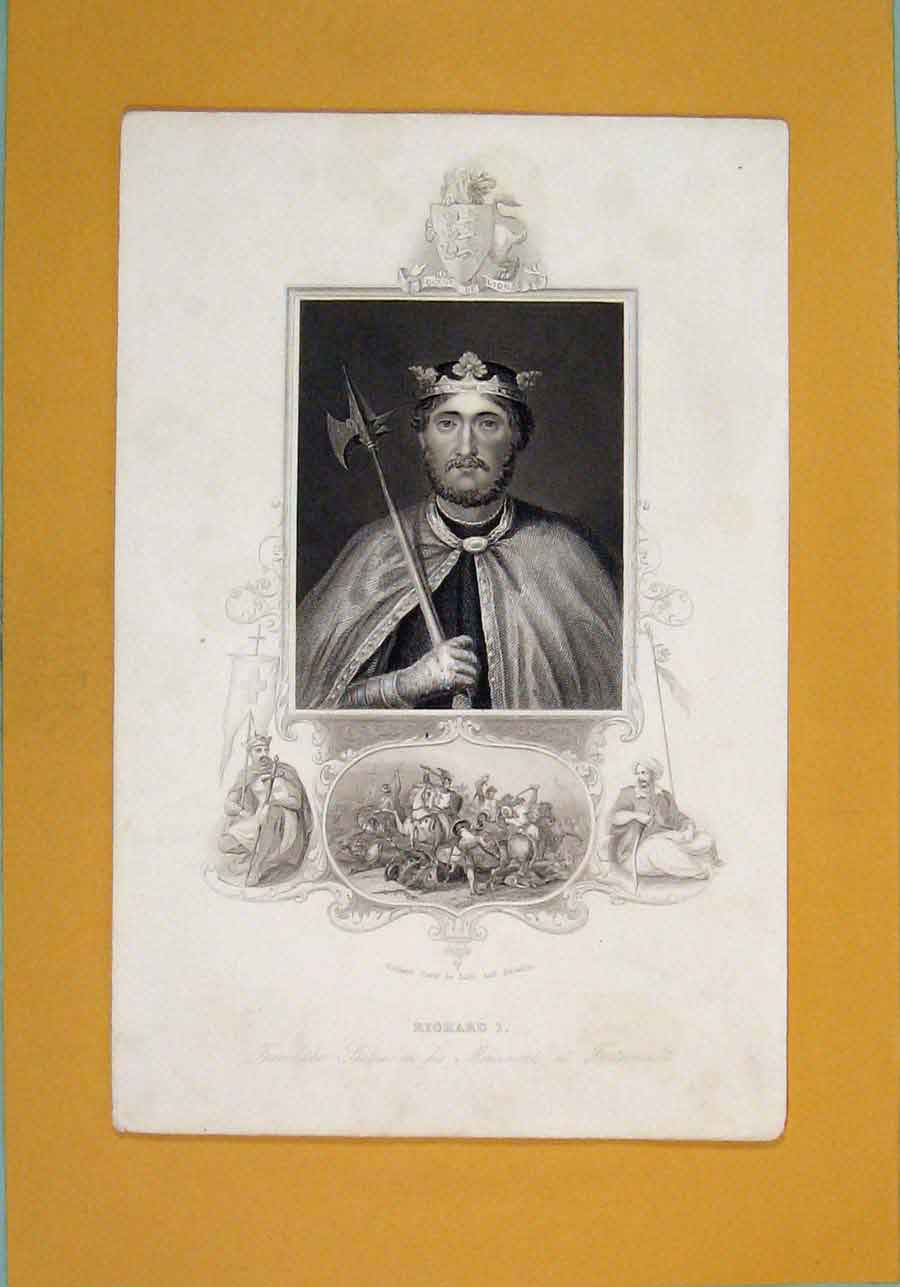 Original Old Antique Print Richard I King Portrait 1840 Fine Art 19th