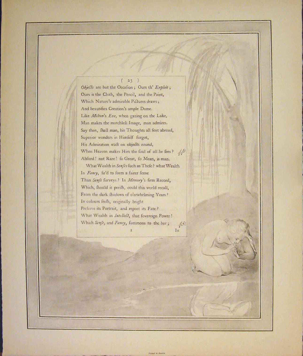 Original Old Antique Print Poem Poetry Art Artist Lady Reflection