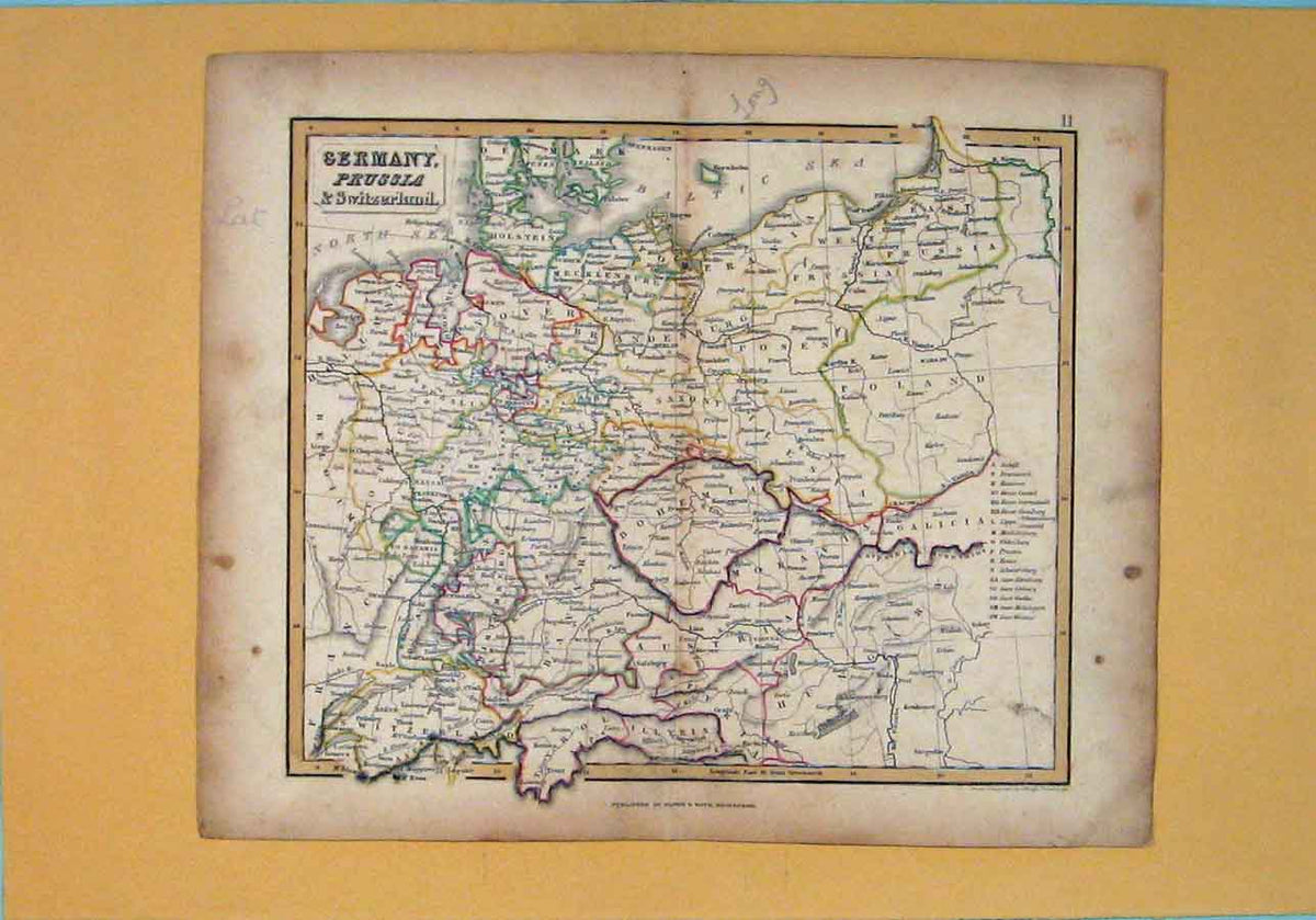 Old Antique Print Germany Prussia Switzerland Map Maps Geographical 1850 19th