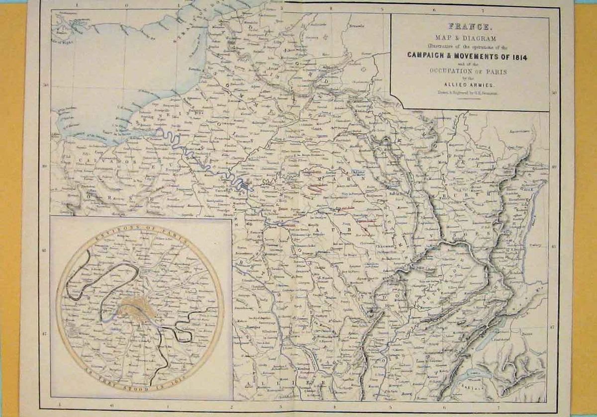 Original Old Antique Print France French Campaign Geographical Map Maps 1850
