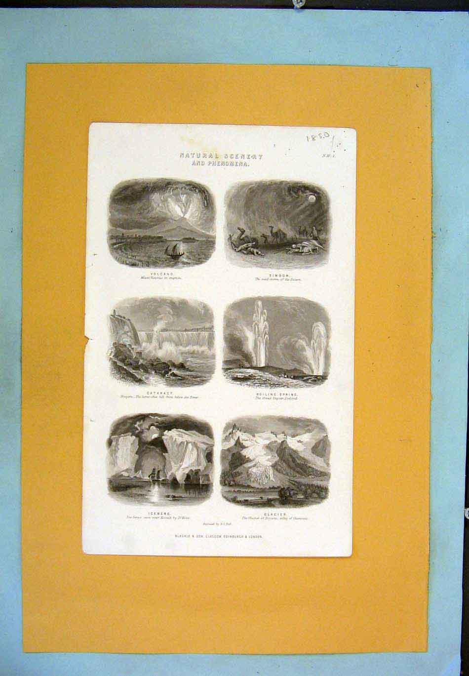 Original Old Antique Print Valcano Spring Iceberg Glacier Phenomena Victorian