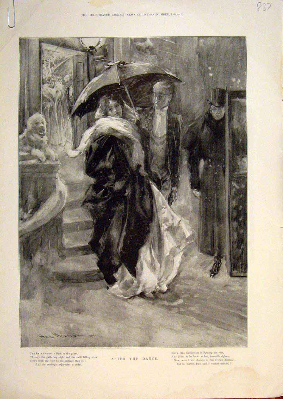 Original Old Antique Print Dance Lady Man Gentleman Snow Umbrella Carriage 1898