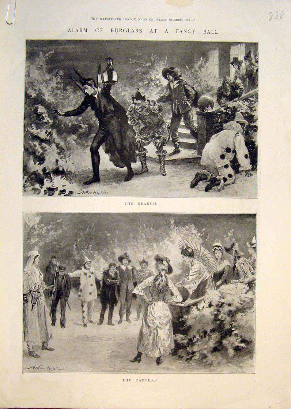 Original Old Antique Print Burglars Fancy Dress Ball Hopkins Fine Art 1898 19th