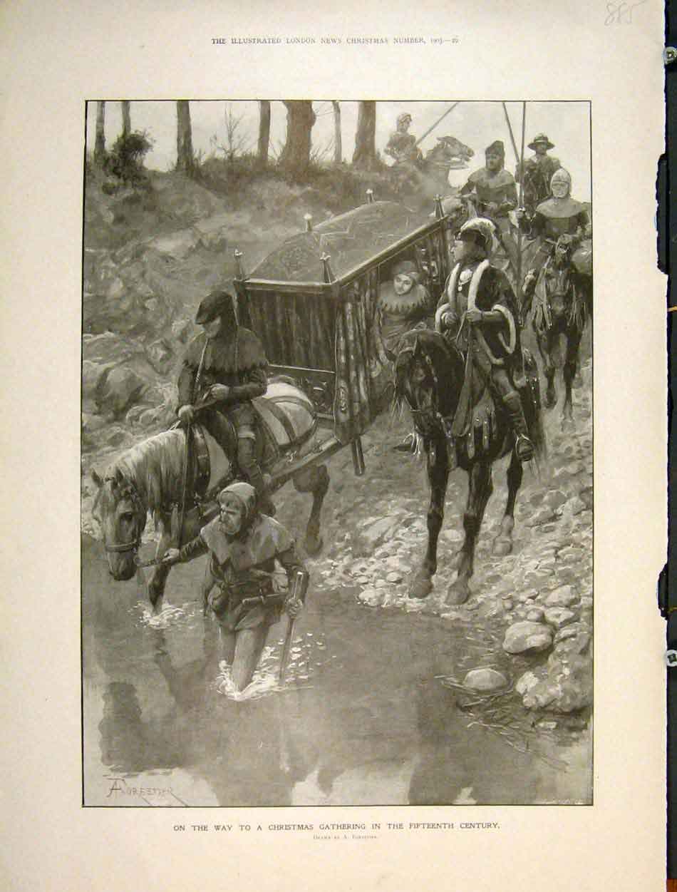 Original Old Antique Print Christmas Forestier Fifteenth Century Carriage Party