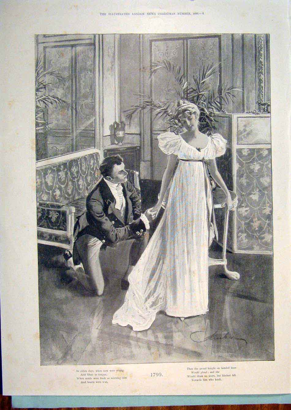 Original Old Antique Print Davis Ball Dance 1899 Christmas Lady Gentleman 1799