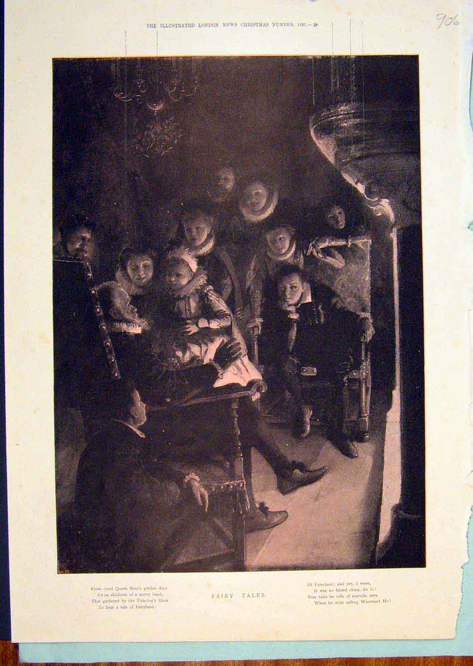 Old Antique Print Fairy Tales Christmas Fairyland Yule Log Story Children