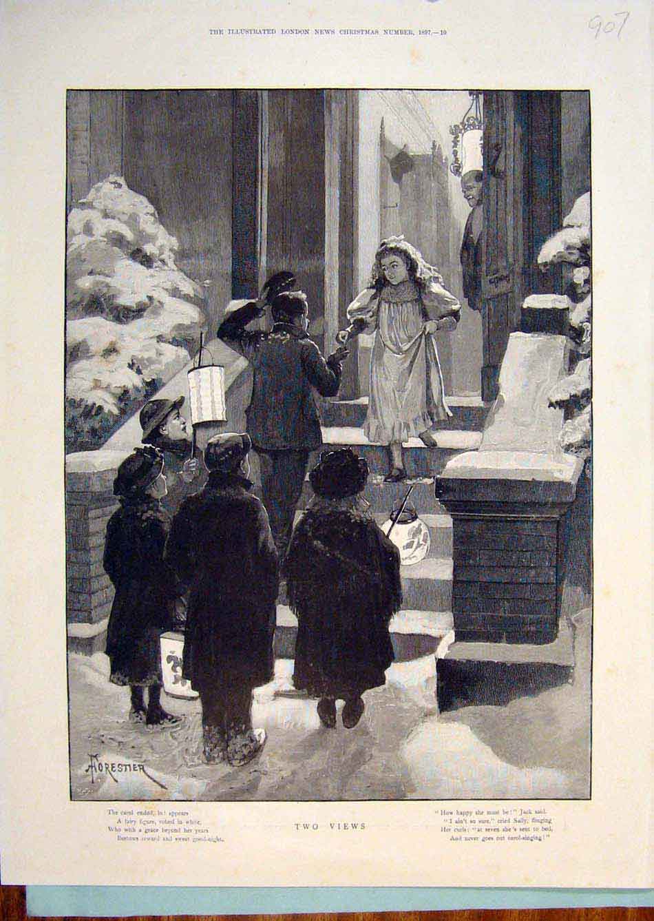 Old Antique Print Children Child Carolers Forestier Christmas Carols 1897 19th