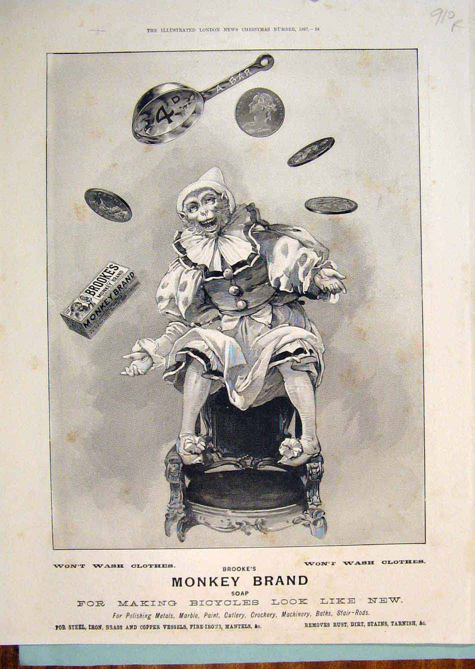 Old Antique Print Advert Monkey Brand Soap Brooke'S Elliman'S Embrocation