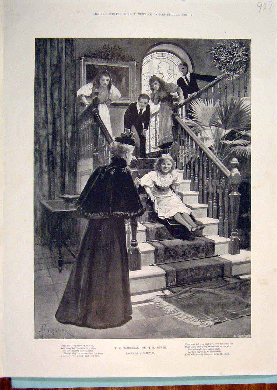 Original Old Antique Print Toboggan Stairs Staircase Child Girl Forestier 1896
