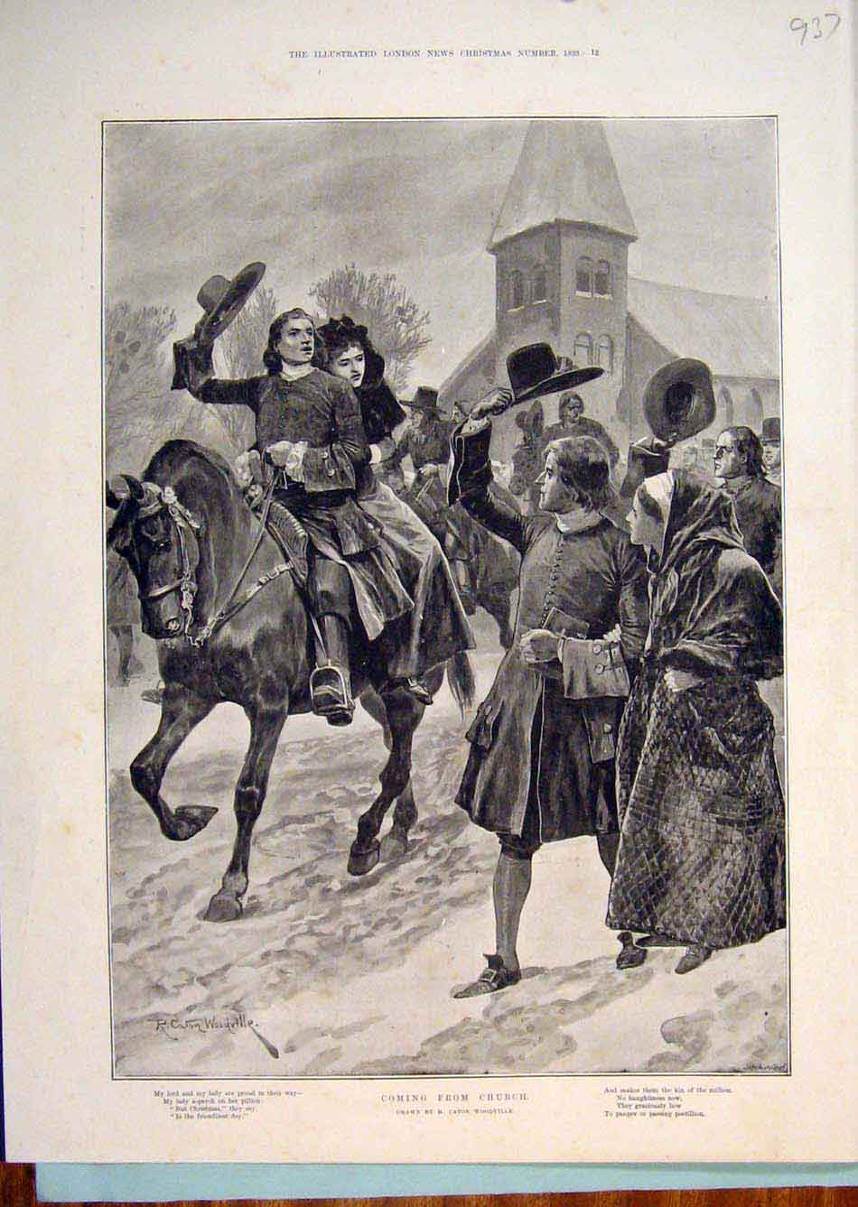 Original Old Antique Print Church Woodville Lady Man Horse Christmas Lord