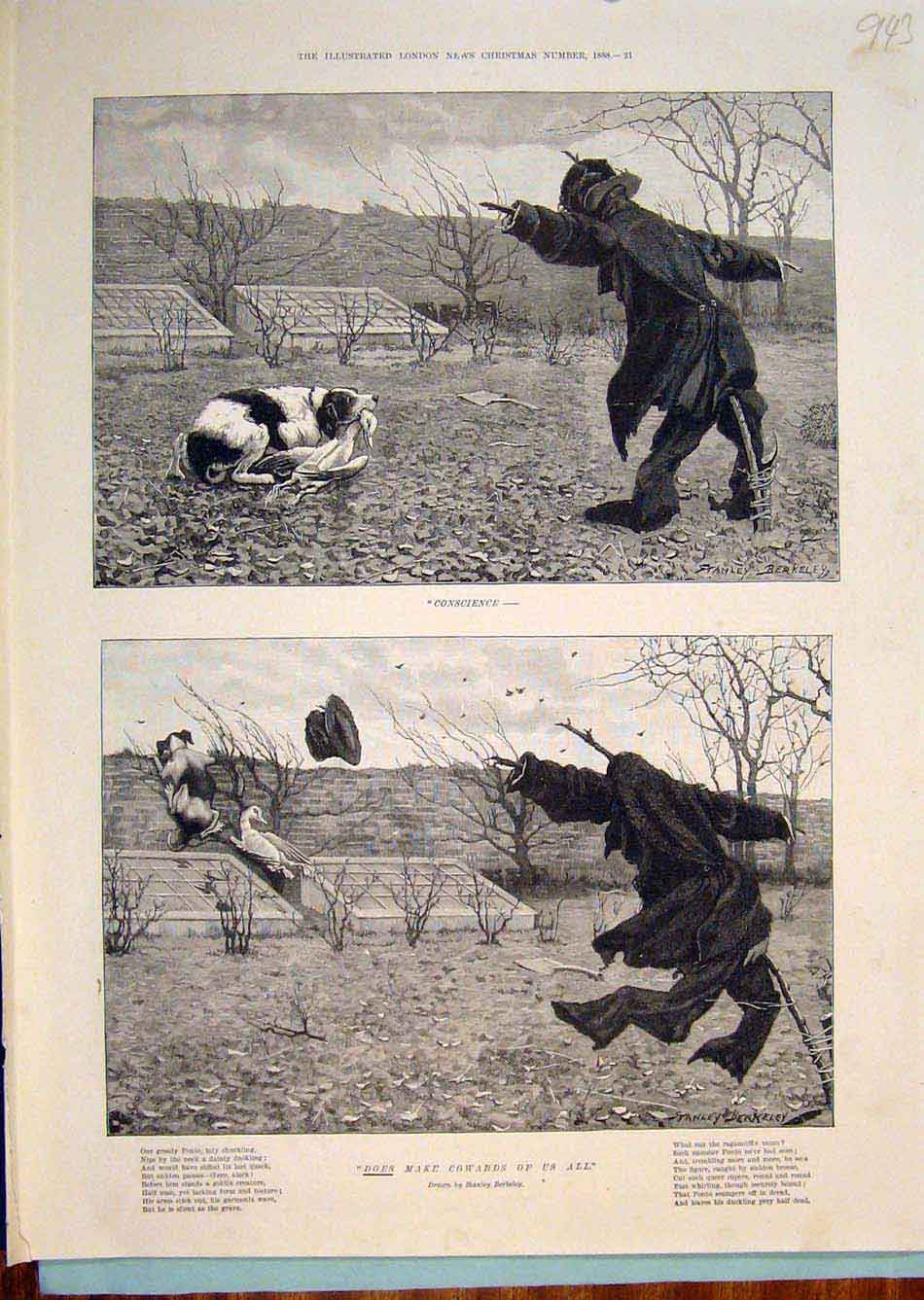 Original Old Antique Print Berkeley Scarecrow Field Dog Duck Goose Fine Art