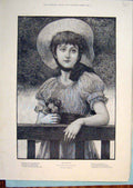 Original Old Antique Print Girl Flowers Hat Portrait Rose Rosebuds Leslie