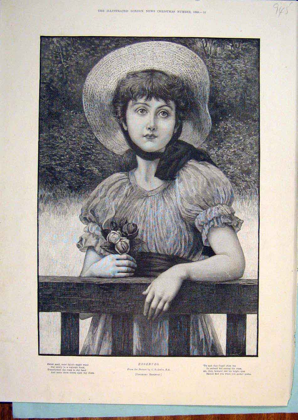 Original Old Antique Print Girl Flowers Hat Portrait Rose Rosebuds Leslie