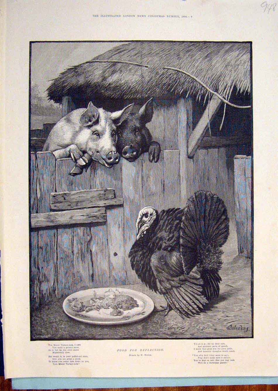 Original Old Antique Print Turkey Pigs Farm Food Weekes Christmas Fine Art