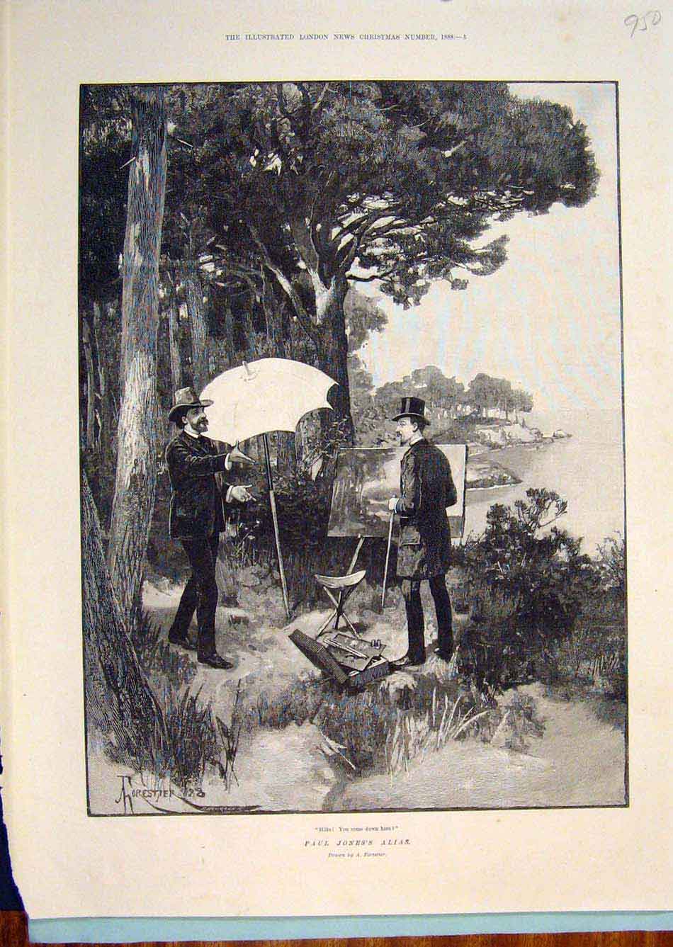 Original Old Antique Print Paul Jone Alias Forestier Artist Lake Umbrella