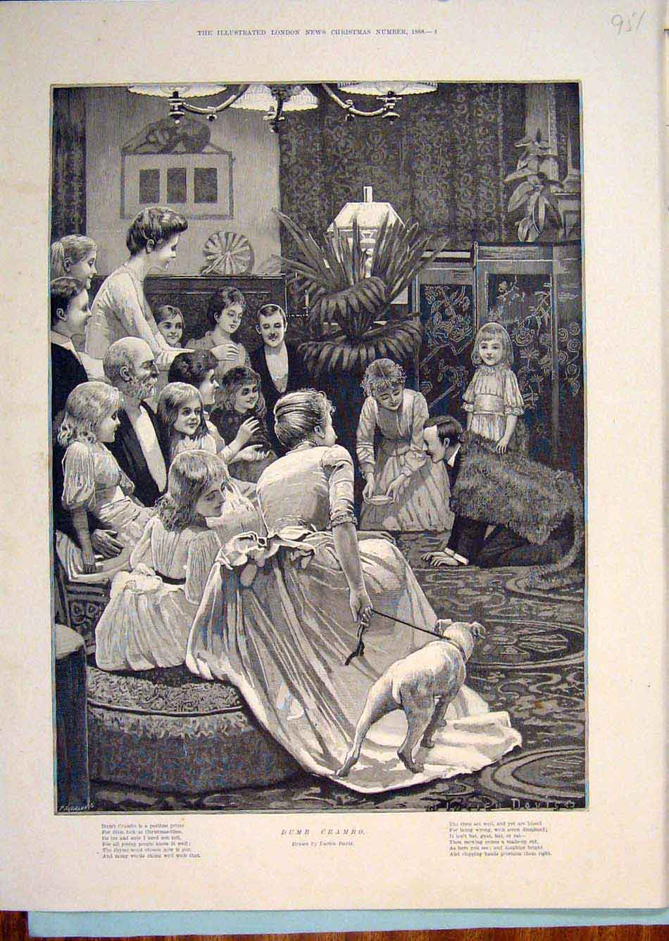 Old Antique Print Davis Dumb Christmas Games Party Children Dog Fine Art