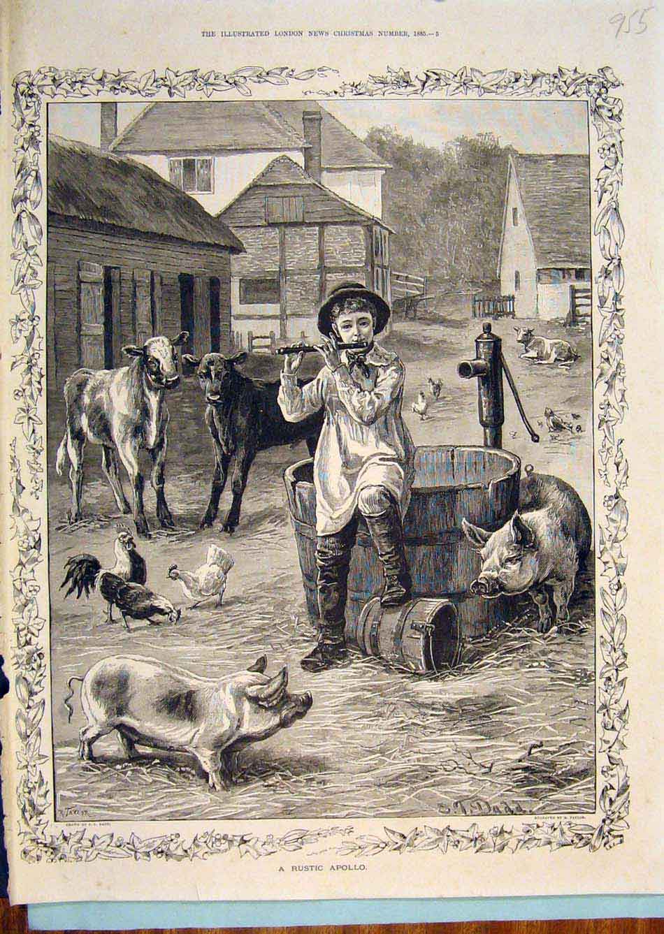 Old Antique Print Apollo Pigs Calves Chicken Farm Boy Flute Farmyard Dadd