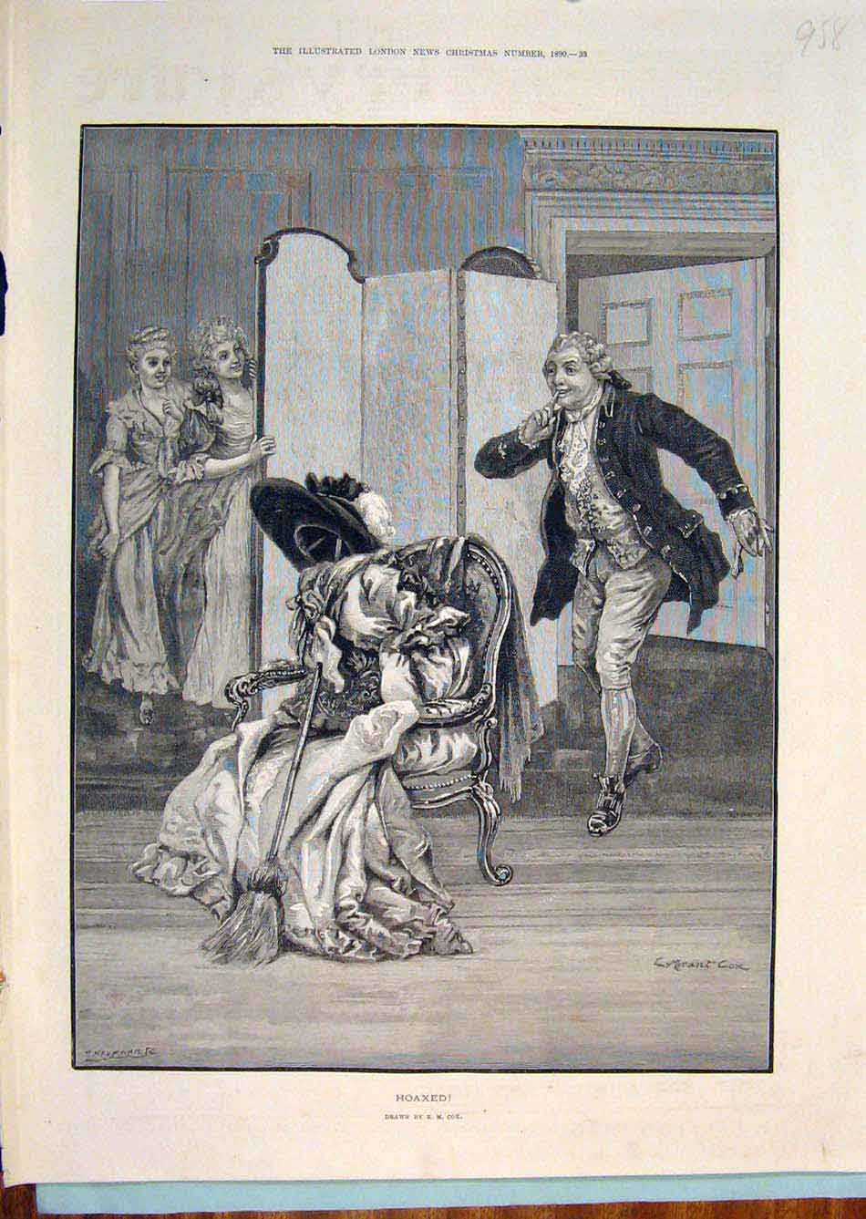 Original Old Antique Print Cox Hoax Ladies Man Game Surprise Naumann 1890 19th
