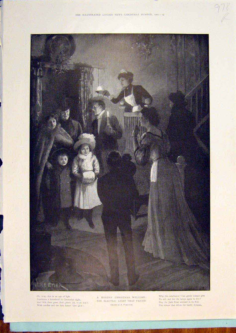 Old Antique Print Christmas Electric Light Forestier Woodville Snow Art