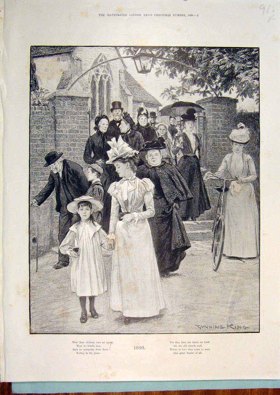 Old Antique Print King Church Children 1899 Davis 1799 Snow Carriage Art 19th