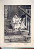 Original Old Antique Print Santa Claus Children Staircase Halliday Garland Girl