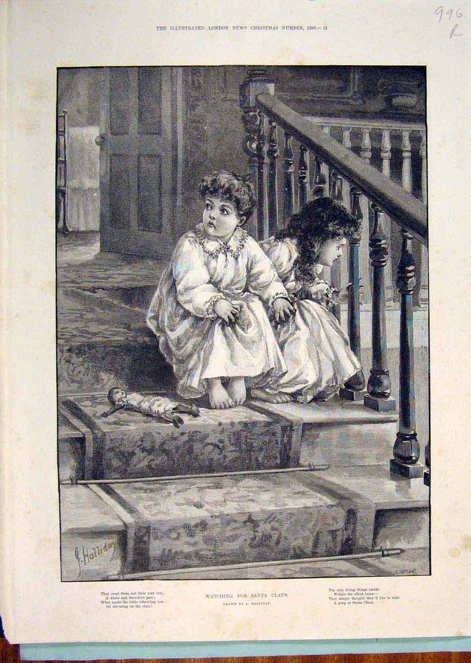 Original Old Antique Print Santa Claus Children Staircase Halliday Garland Girl