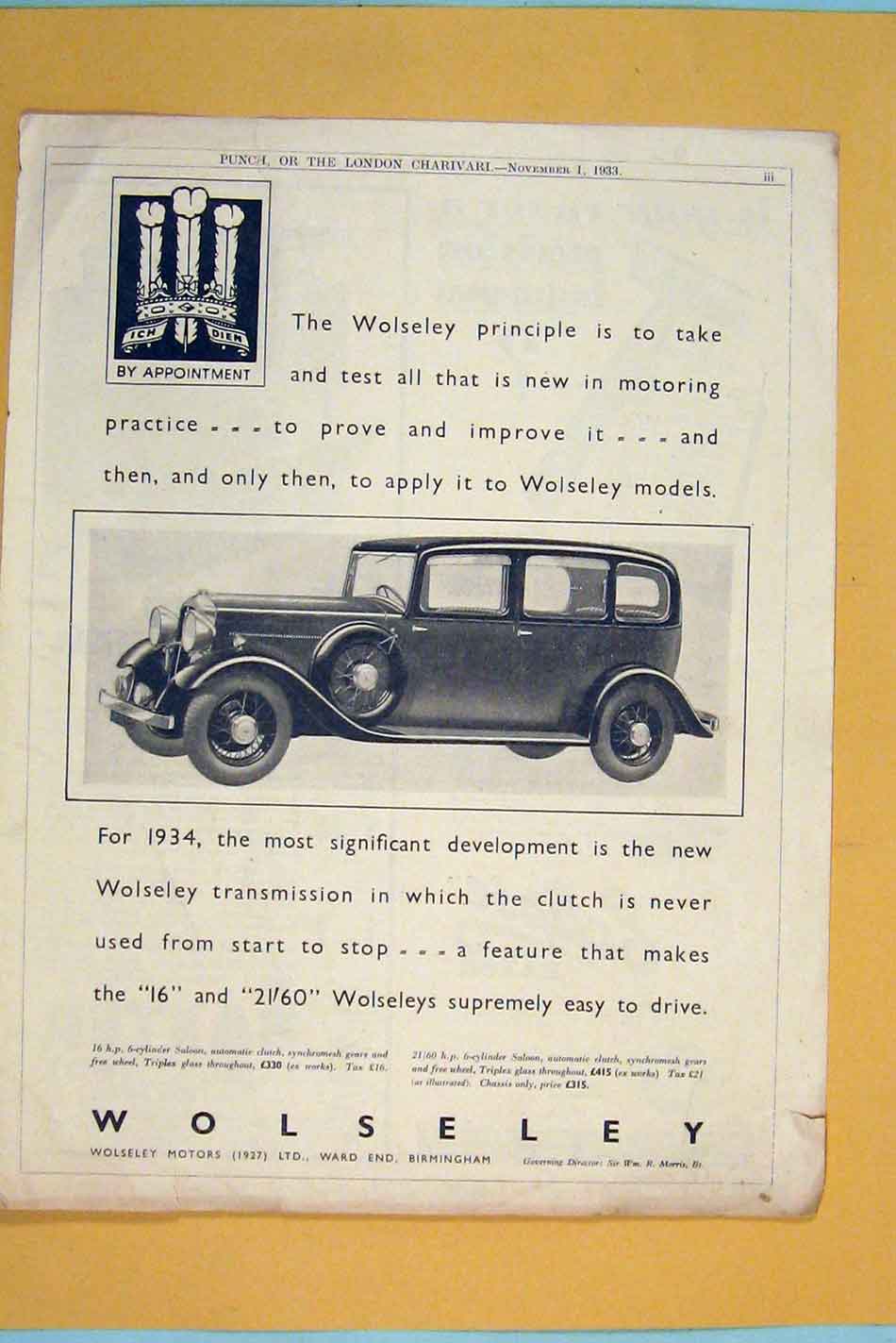 Old Vintage Print Car Cars Advert Adverts Advertising Wolseley Motor 1933 20th