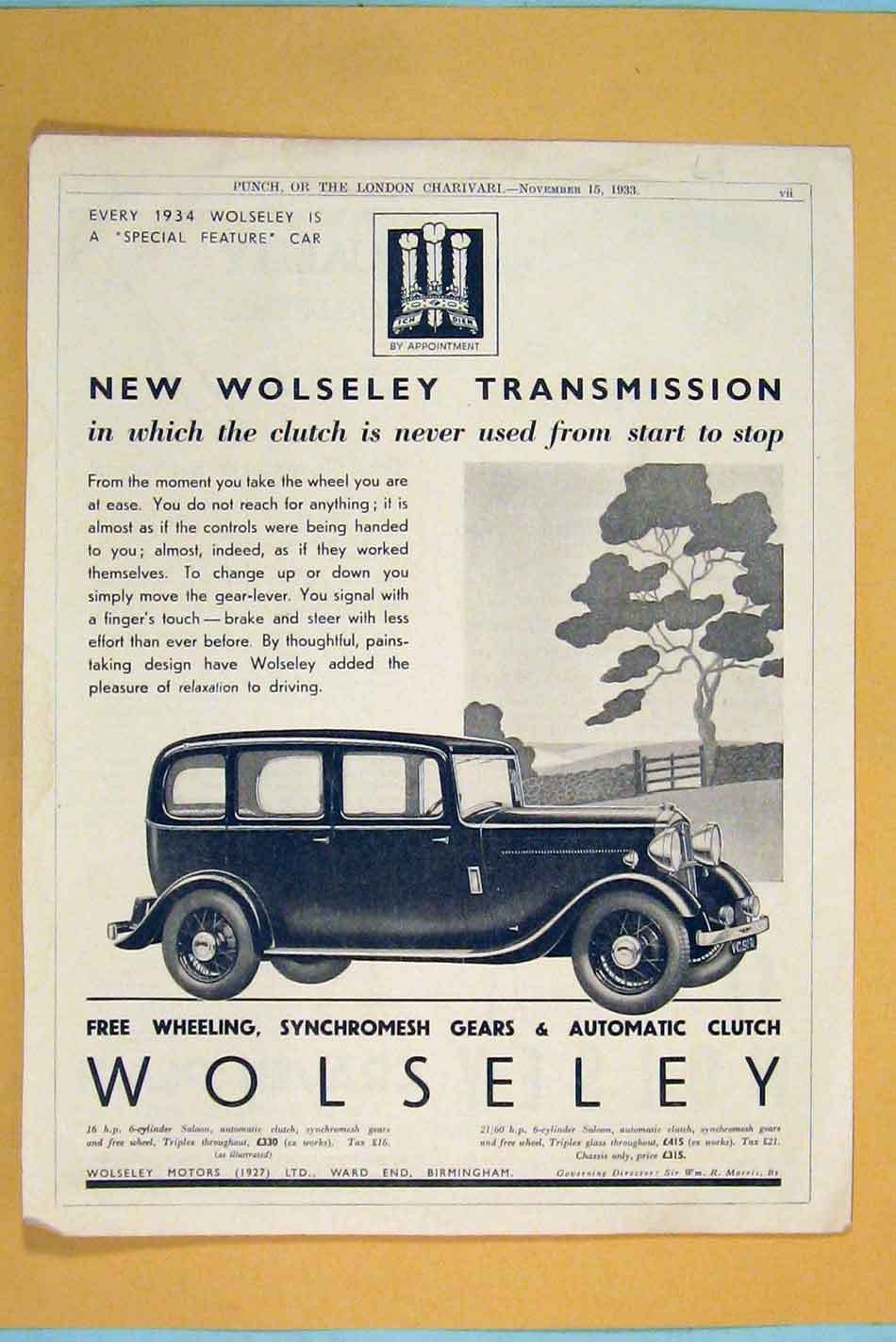 Antique Print Ref.79 Car Cars Advert Adverts Advertising Wolseley Motor 1933