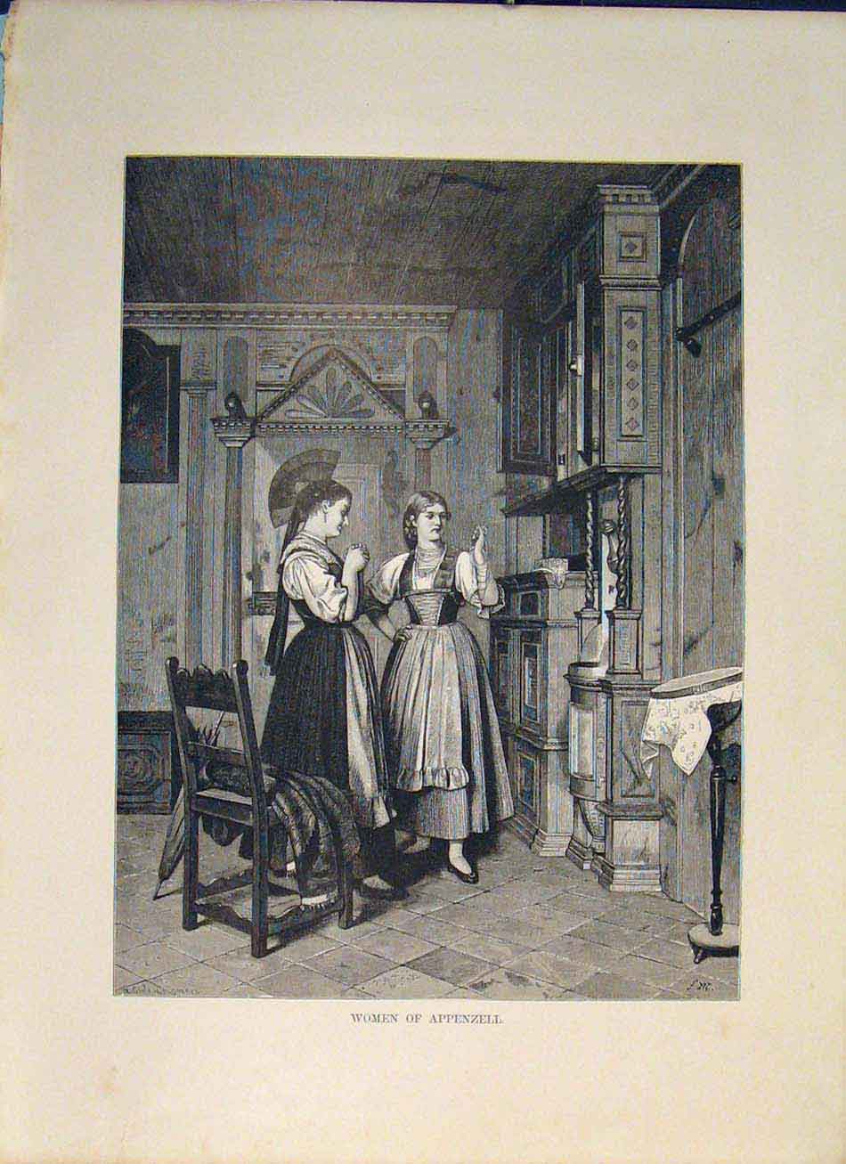 Original Old Antique Print Appenzell Woman Lady Kitchen Switzerland Swiss