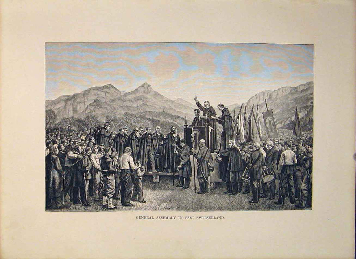 Original Old Antique Print Assembly East Switzerland Swiss Gathering