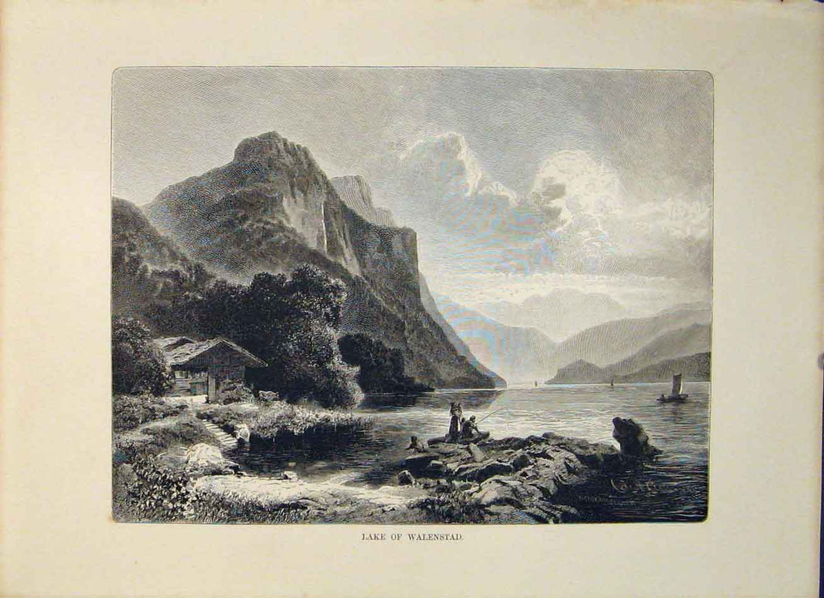 Original Old Antique Print Lake Walenstad Switzerland Swiss Art