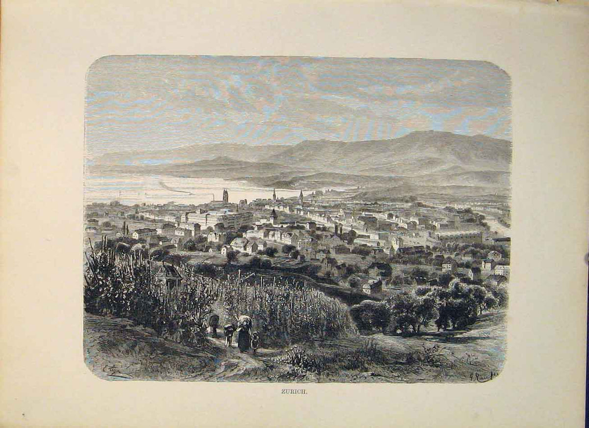Original Old Antique Print Zurich Switzerland Swiss City Town Art 19th