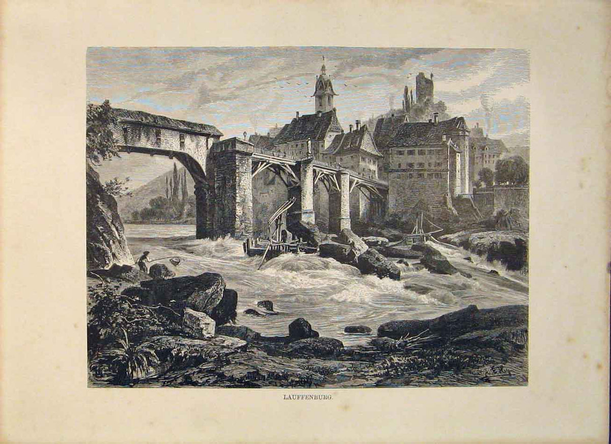 Original Old Antique Print Lauffenburg Switzerland Swiss Fine Art