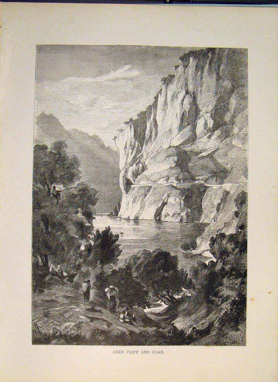 Original Old Antique Print Switzerland Swiss Axen Cliff Road Fine Art