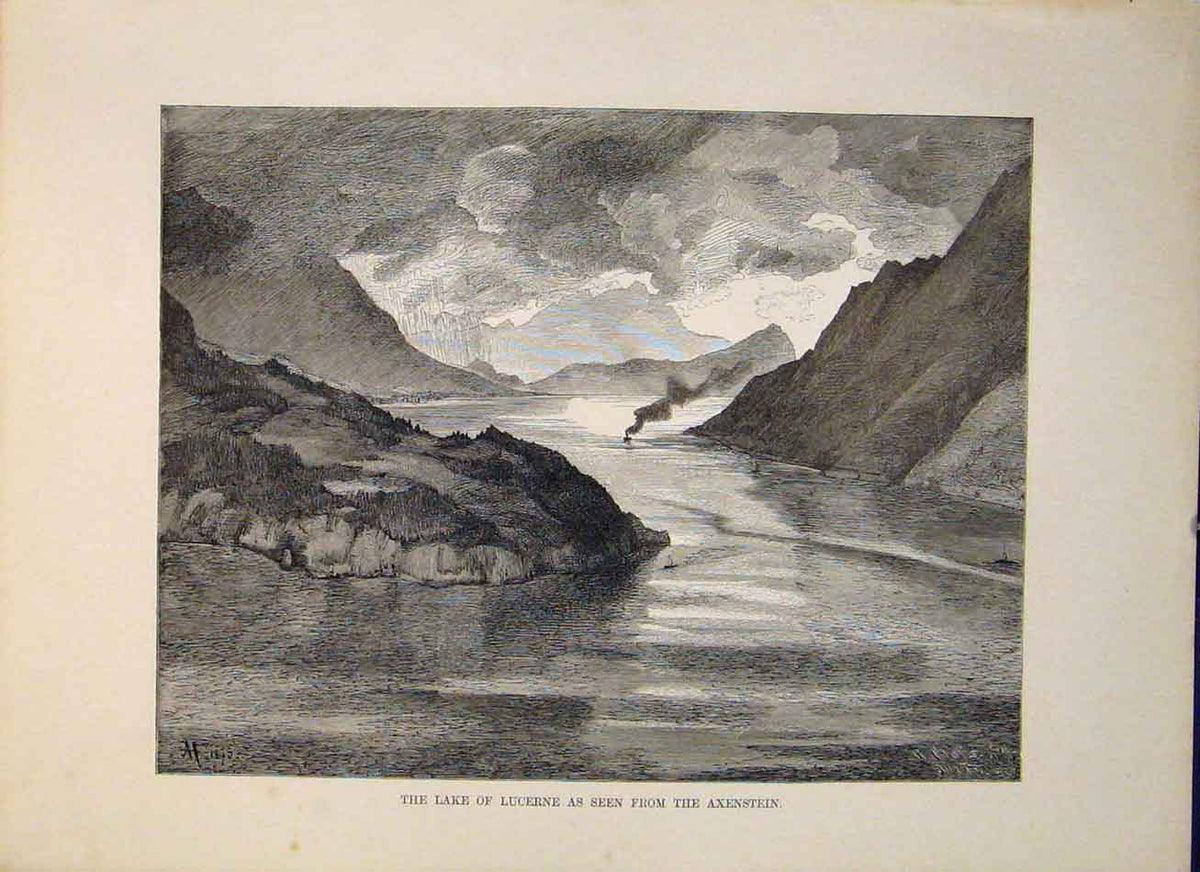 Original Old Antique Print Lake Lucerne Axenstein Fine Art Switzerland Swiss