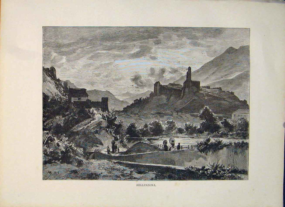 Original Old Antique Print Bellinzona Swiss Fine Art Switzerland