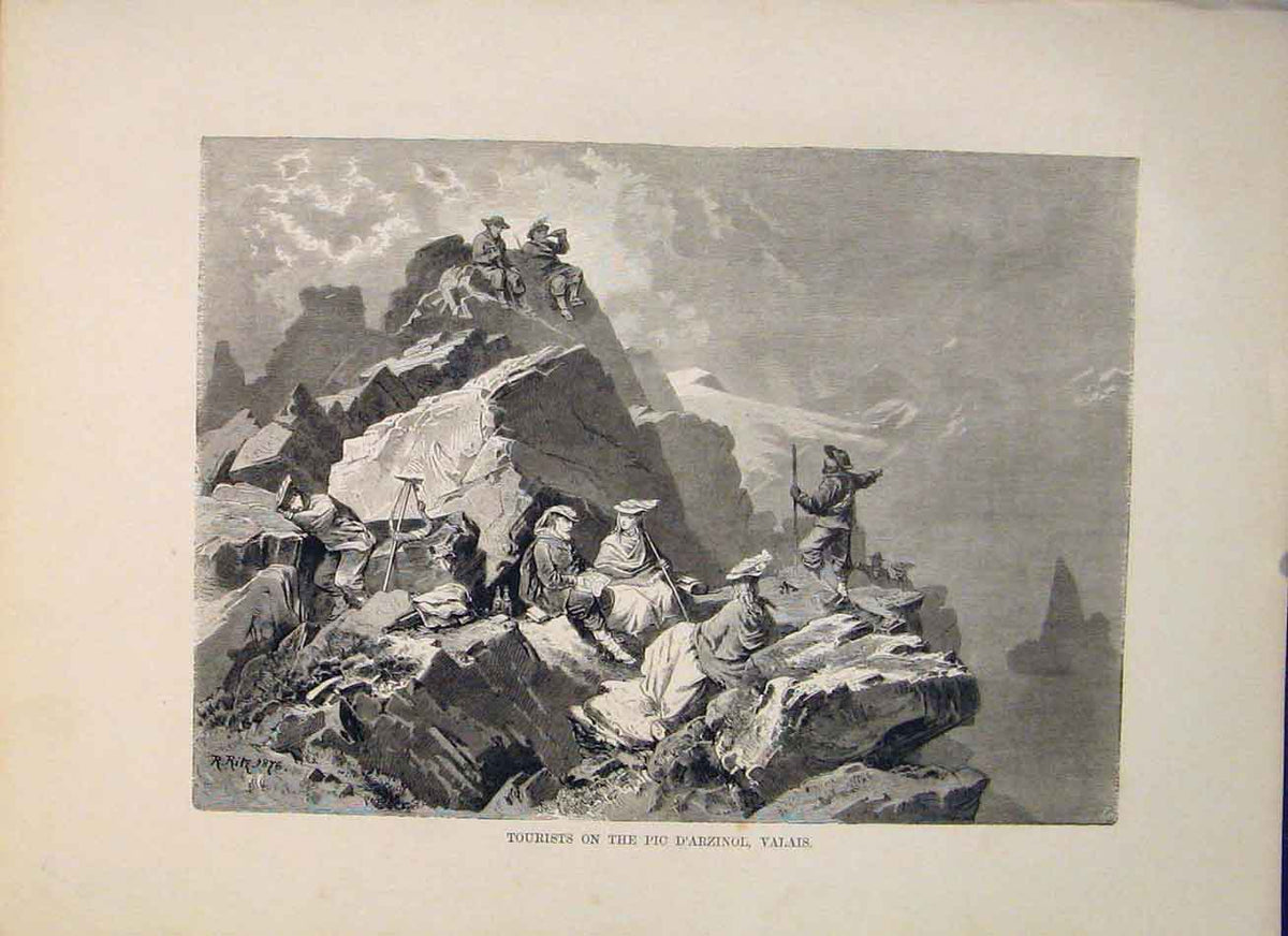 Original Old Antique Print Tourists Pic Darzinol Valais Switzerland