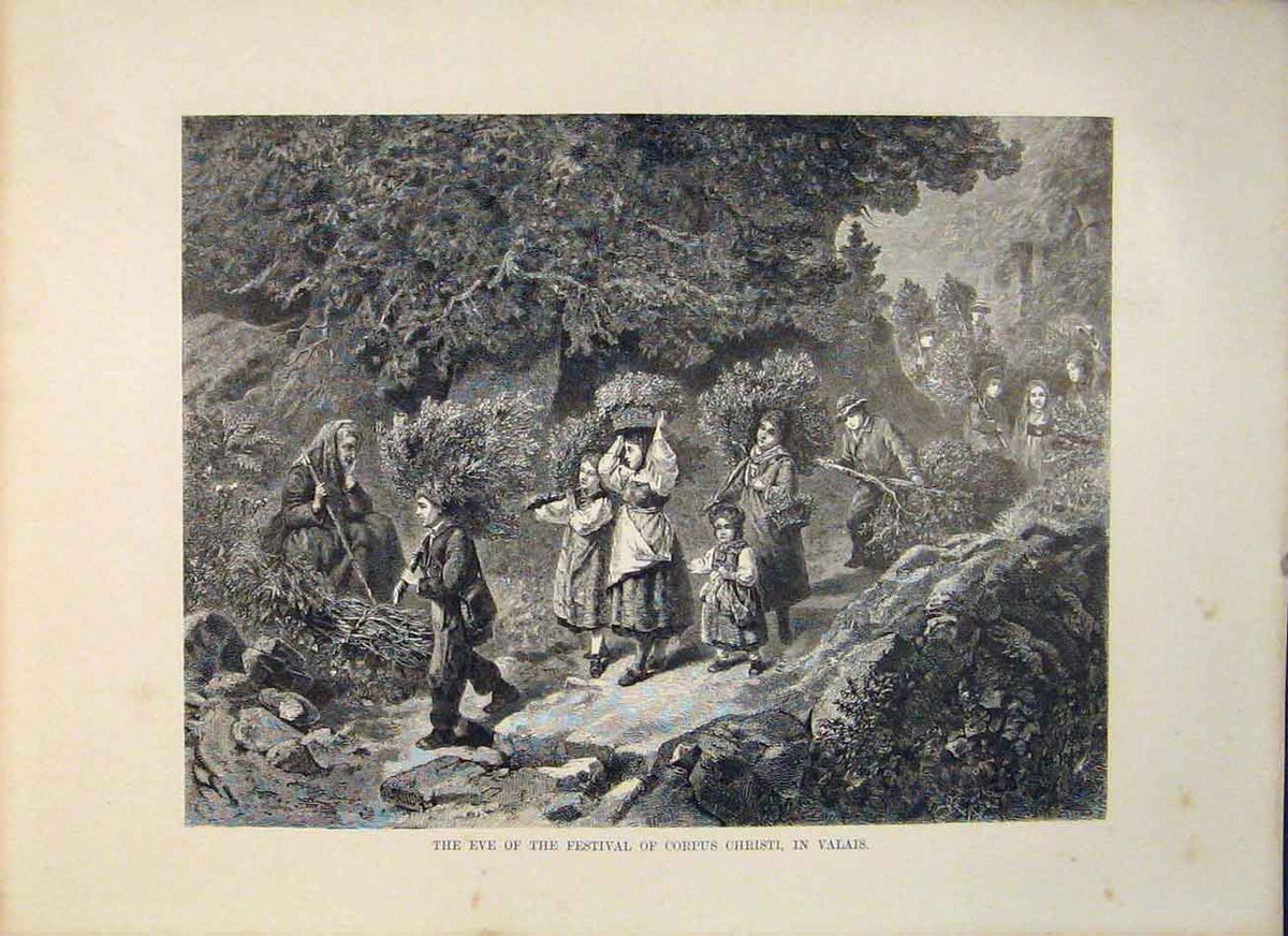Original Old Antique Print Eve Festival Corpus Christi Valais Switzerland