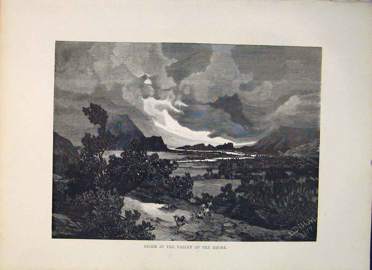 Original Old Antique Print Storm Valley Rhone Switzerland Fine Art Swiss