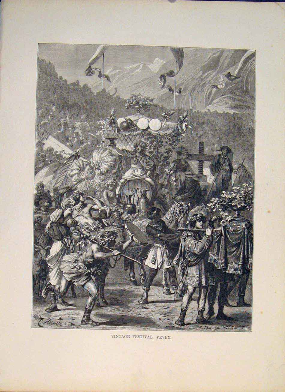 Original Old Antique Print Festival Vevey Switzerland Art